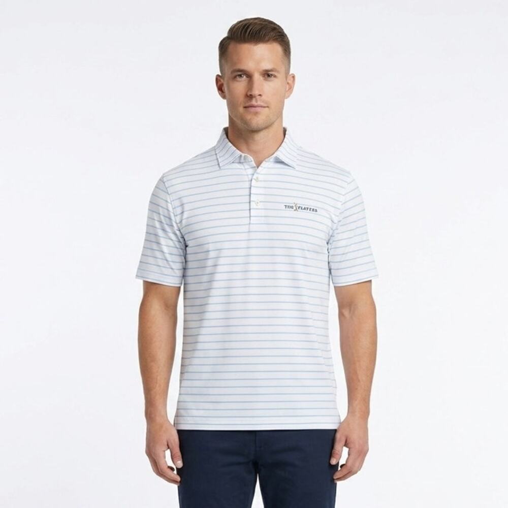 Peter Millar Polo Shirt Mens L White Blue Striped The Players Logo Short Sleeve